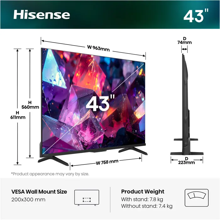 Hisense 43E7S PRO Hi-QLED TV (108 cm (43 inches), black/dark gray, UltraHD/4K, Free-Sync-Premium, 144Hz panel)