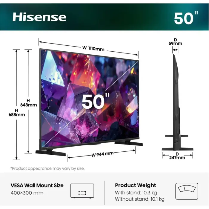 Hisense 50E7S PRO Hi-QLED TV (126 cm (50 inch), black/dark gray, UltraHD/4K, Free-Sync-Premium, 144Hz panel)