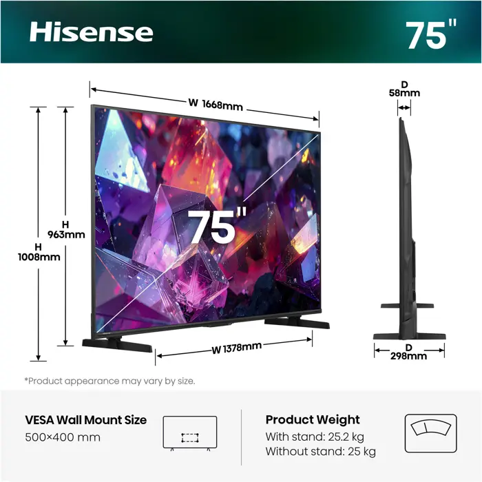 Hisense 75E7S PRO Hi-QLED TV (189 cm (75 inches), black/dark gray, UltraHD/4K, Free-Sync-Premium, 144Hz panel)