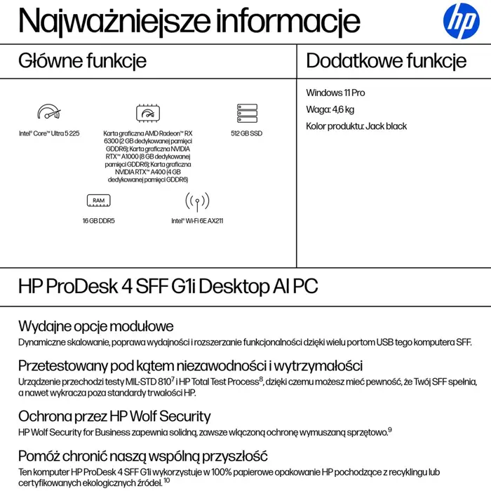 HP ProDesk 4 SFF G1i AI PC Intel Core Ultra 5 225 16 GB DDR5-SDRAM 512 GB SSD Windows 11 Pro Black