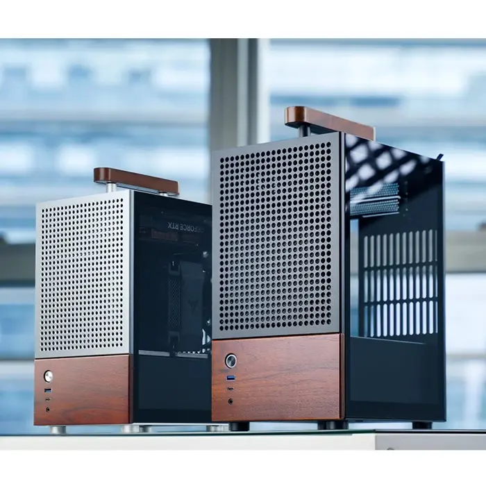 Jonsbo T6 PC Case, Mini-Tower, Mini-ITX, Tempered Glass, Wood - Silver