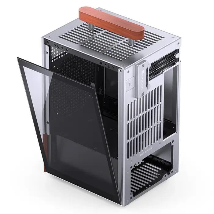 Jonsbo T6 PC Case, Mini-Tower, Mini-ITX, Tempered Glass, Wood - Silver