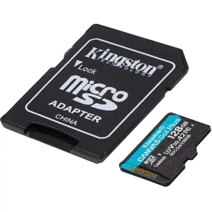 Kingston Canvas Go! Plus 128 GB microSDXC memory card, black, UHS-I U3, Class 10, V30, A2