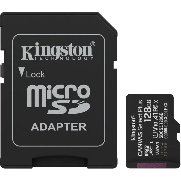Kingston Canvas Select Plus 128 GB MicroSDXC memory card, black, UHS-I U1, Class 10, V10