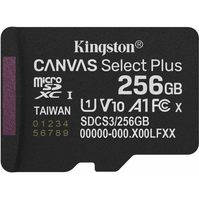 Kingston Canvas Select Plus 256 GB MicroSDXC memory card, black, UHS-I U1, Class 10, V10