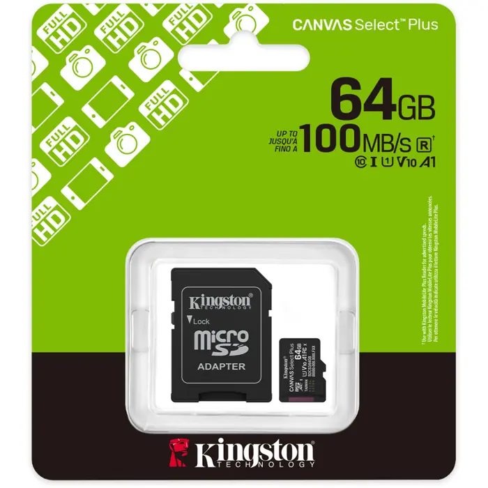 Kingston Canvas Select Plus 64 GB MicroSDXC memory card, black, UHS-I U1, Class 10, V10