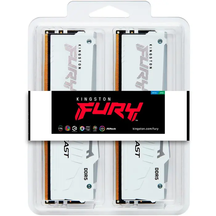 Kingston FURY DDR5 - 64GB - 6000 - CL - 30 (2x 32 GB) dual kit, RAM (white, KF560C30BWEAK2-64, FURY Beast RGB, INTEL XMP, AMD EXPO)