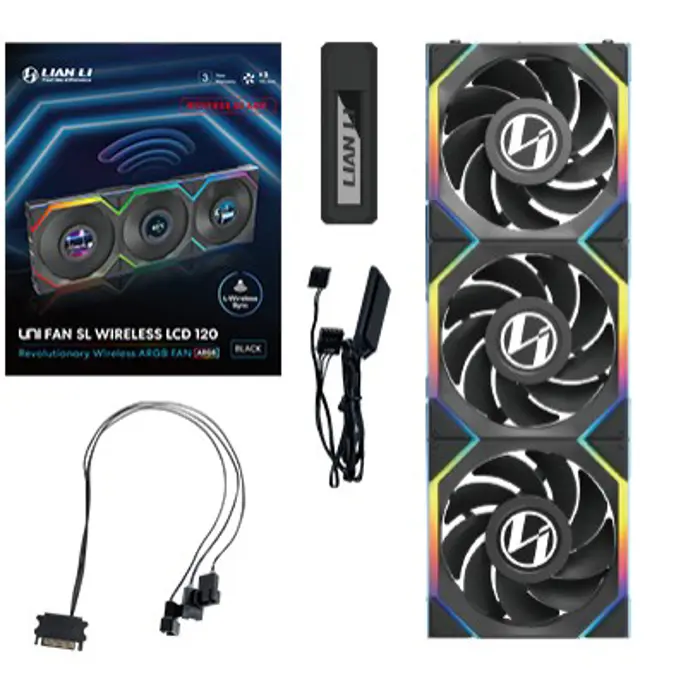 Lian Li UNI FAN SL Wireless LCD Fan, ARGB, PWM, 3-Pack incl. Controller - Reverse Blade, 120 mm, black