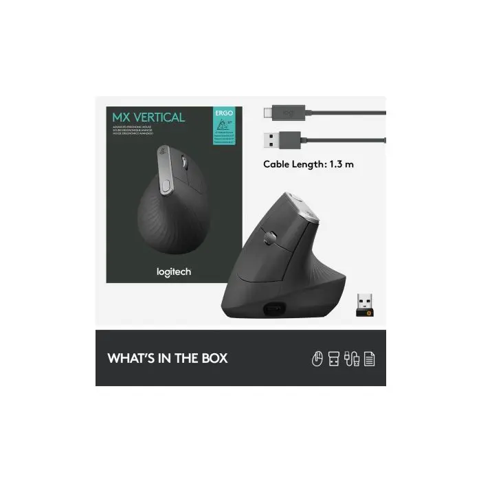 Logitech ergonomic mouse cordless MX VERTICAL bluetooth, unifying, USB-C