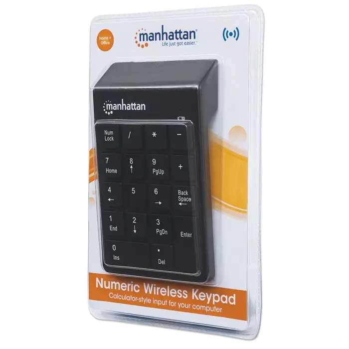 Manhattan Numeric Keypad, Wireless (2.4GHz), USB-A Micro Receiver, 18 Full Size Keys, Black, Membrane Key Switches, Auto Power Management, Range 10m, AAA Battery (included), Windows and Mac, Three Yea