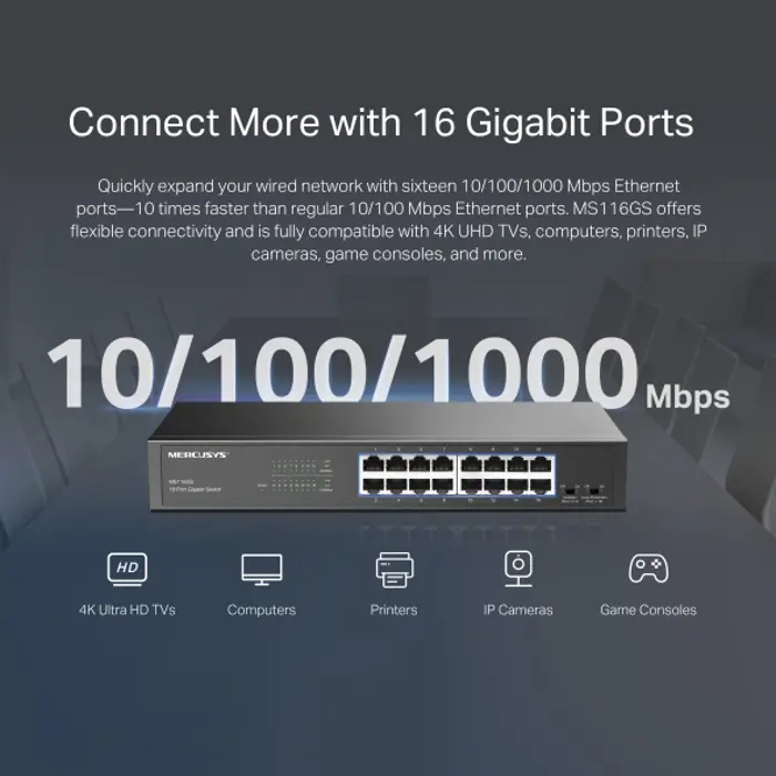 Mercusys 16-Port Gigabit Desktop preklopnik (Switch) 16×10/100/1000Mbps, Plug & Play, Auto-Negotiation, Auto-MDI/MDIX, metalno kučište