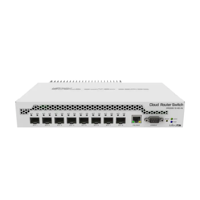 Mikrotik Cloud Router Switch CRS309-1G-8S+IN, Dual core 800MHz CPU, 512MB RAM, 1×GLAN, 8×SFP+ cages, RouterOS, L5 or SwitchOS (dual boot), pasivno desktop kučište, rackmount ears, PSU