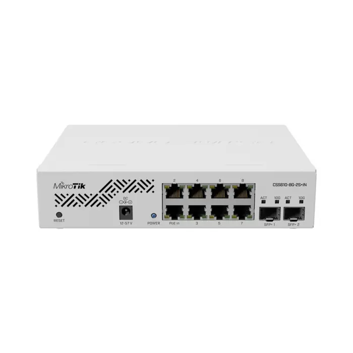 Mikrotik Cloud Smart Switch CSS610-8G-2S+IN, 8×G-LAN, 2×SFP+ cages, SwOS, desktop kučište, PSU