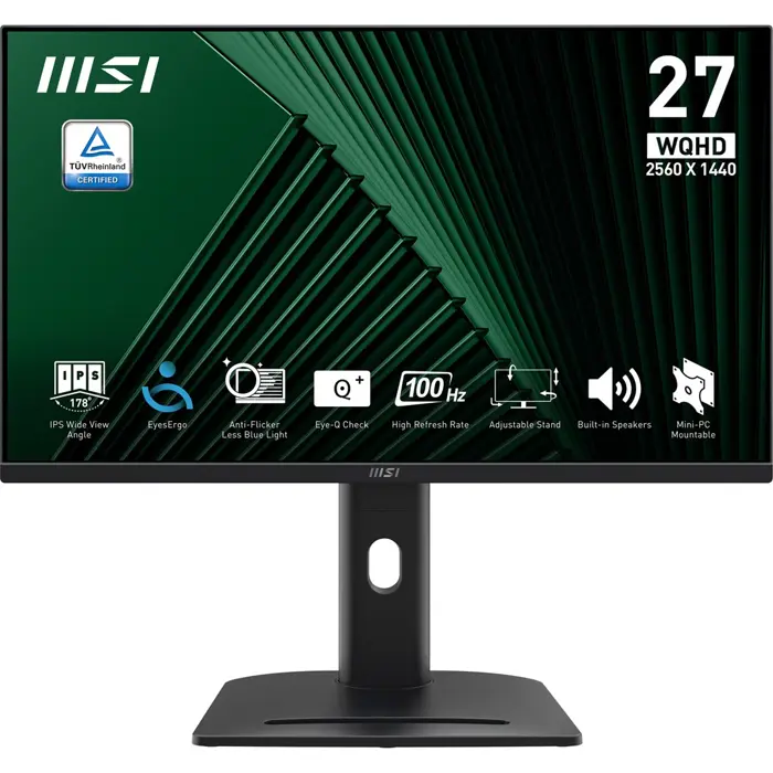 MSI Pro MP275QPG 27 Inch Monitor, QHD (2560 x 1440), 100Hz, IPS, 1ms, 2x HDMI 2.0b, 1x DP 1.2a output, Built-in Speakers, Anti-Glare, Anti-Flicker, Less Blue light, TÜV Certified, VESA, Kensington, 4-