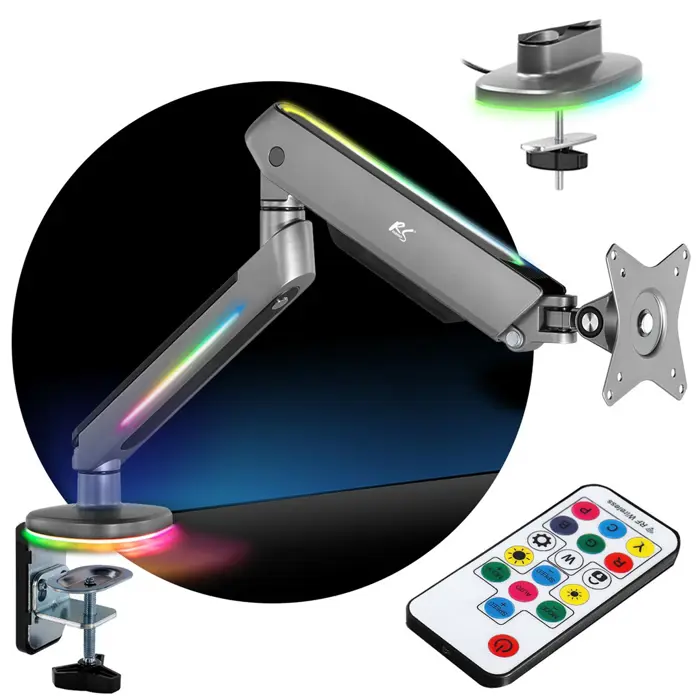 NanoRS Gaming Monitor Mount 17-32" with RGB LED Lighting Desk Mount Height Adjustable Swivel Tilt Max. 9kg VESA 75x75 / 100x100