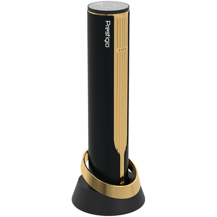Prestigio Maggiore, smart wine opener, 100% automatic, opens up to 70 bottles without recharging, foil cutter included, premium design, 480mAh battery, Dimensions D 48*H228mm, black + gold color.