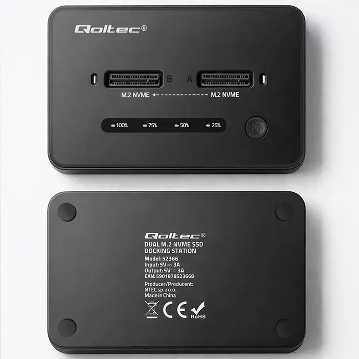Qoltec 52366 M.2 NVMe SSD Docking Station | PCIe | USB-C | 20 Gb/s | DUAL 2 x 8TB | Offline cloning
