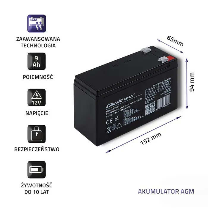 Qoltec 53031 AGM battery | 12V | 9Ah | max 135A