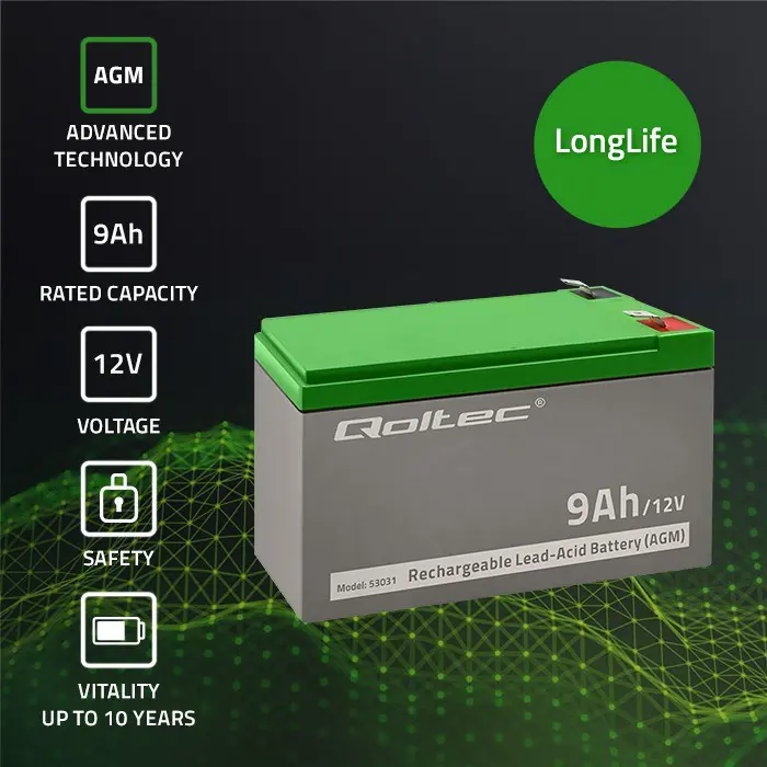 Qoltec 53031 AGM battery | 12V | 9Ah | max 135A