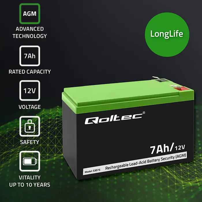 Qoltec 53076 AGM battery | 12V | 7Ah | max. 105A | Security