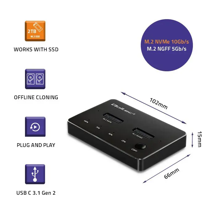 Qoltec M.2 SSD Docking Station | NVMe| SATA | USB-C | DUAL 2 x 2TB