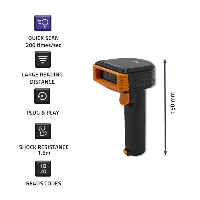 Qoltec Wireless 1D Barcode Reader | 2D |+ Docking Station