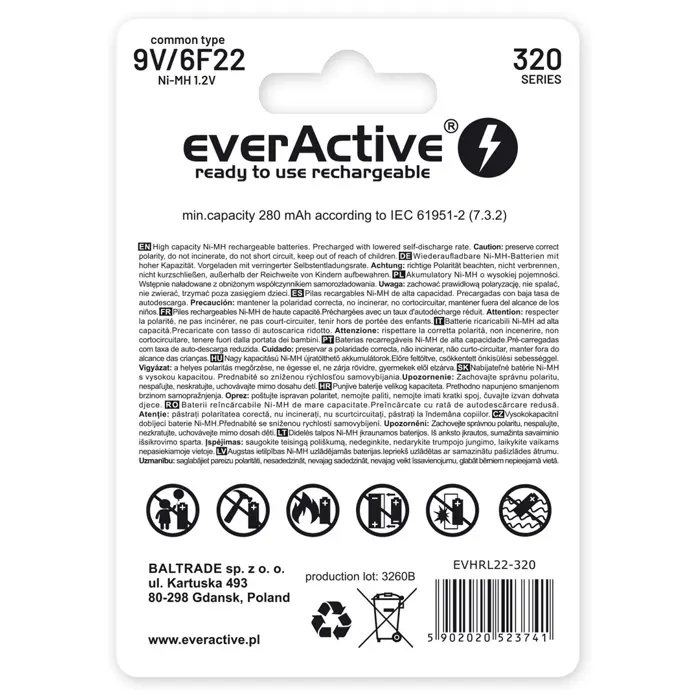 Rechargeable batteries everActive Ni-MH 6F22 9V 320 mAh Professional Line
