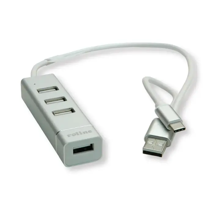Roline Hub 4-porta USB2.0, USB Tip-A + USB-C kablovi, 0.3m