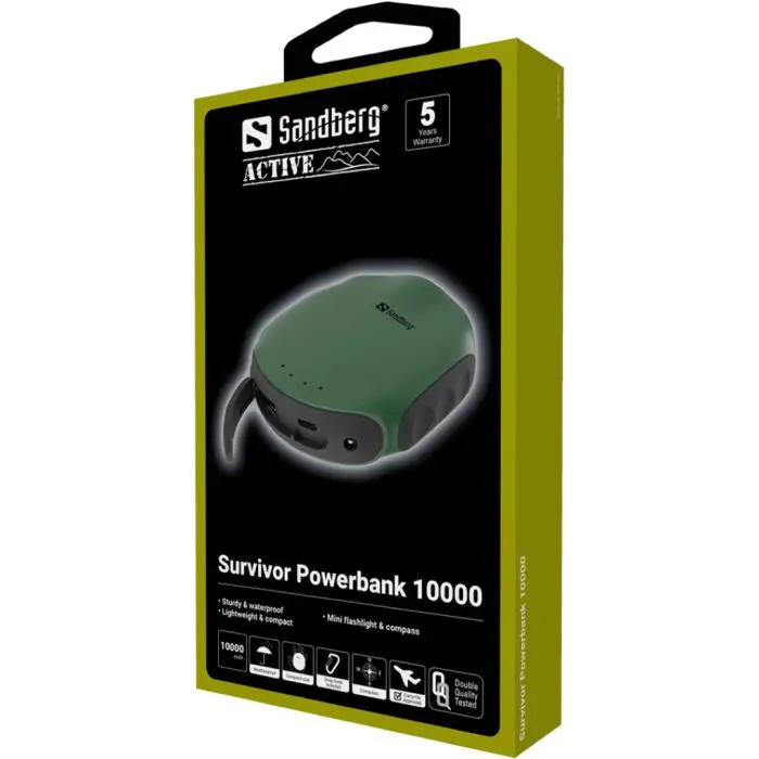 Sandberg Survivor Powerbank 10000mAh portable battery with LED flashlight and compass