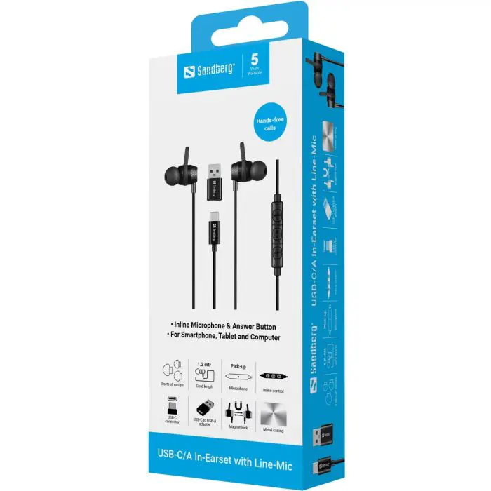 Sandberg USB-C/A In-Earset with Line-Mic žične slušalke z mikrofonom