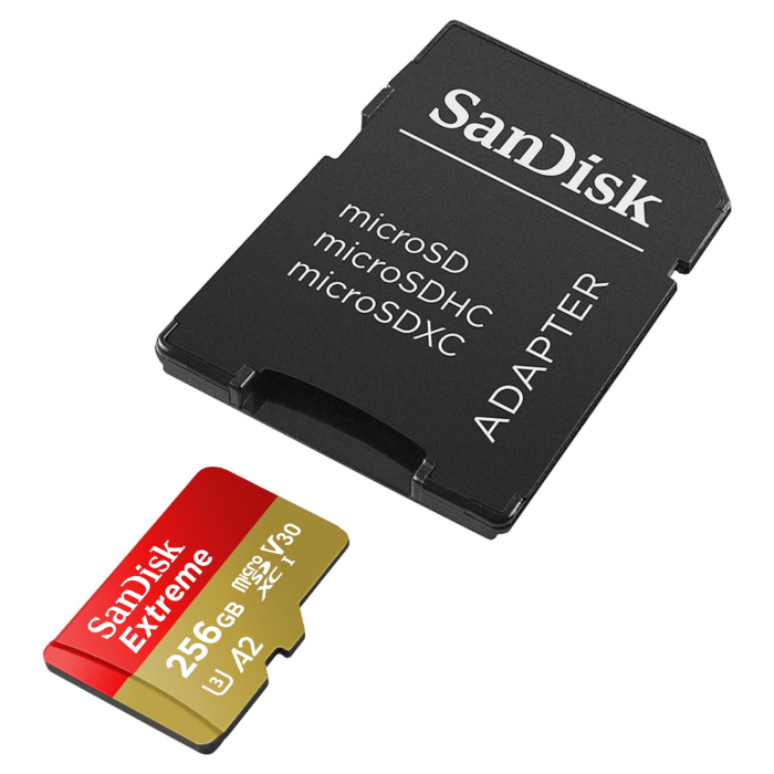 SanDisk Extreme microSDXC 256GB + SD Adapter 190MB/s & 130MB/s A2 C10 V30 UHS-I U3