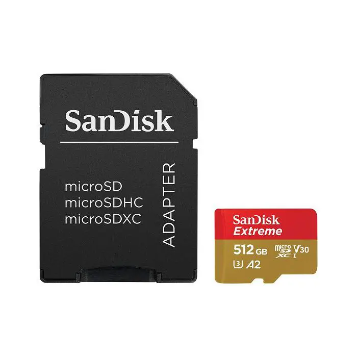 SanDisk Extreme microSDXC 512GB + SD Adapter 190MB/s & 130MB/s A2 C10 V30 UHS-I U3