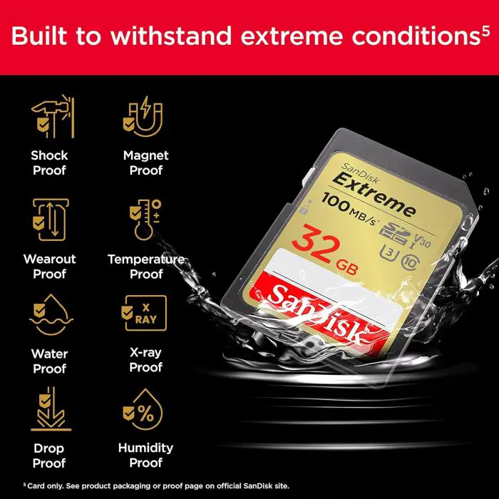 SanDisk Extreme PLUS 32GB SDHC memory card 100MB/s and 60MB/s read/write, UHS-I, Class 10, U3, V30
