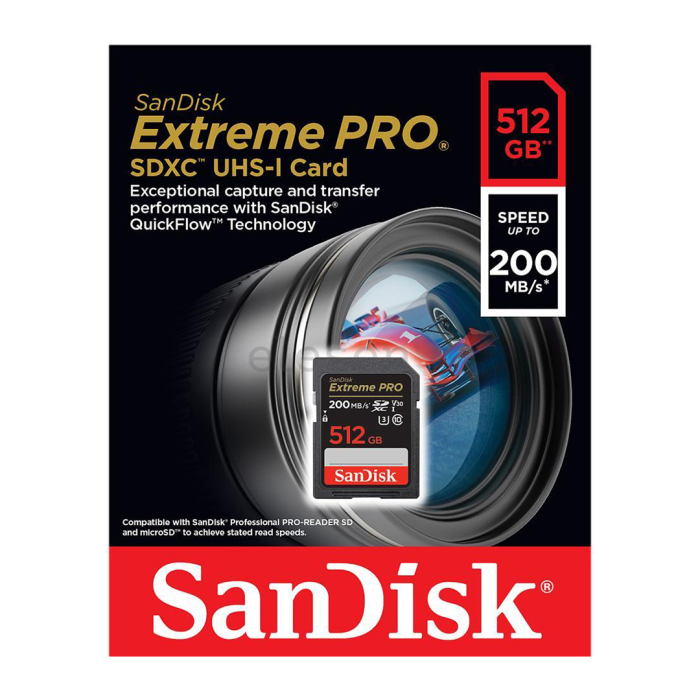 SanDisk Extreme PRO 512GB SDXC memory card + 2 years RescuePRO Deluxe up to 200MB/s & 140MB/s read/write, UHS-I, Class 10, U3, V30