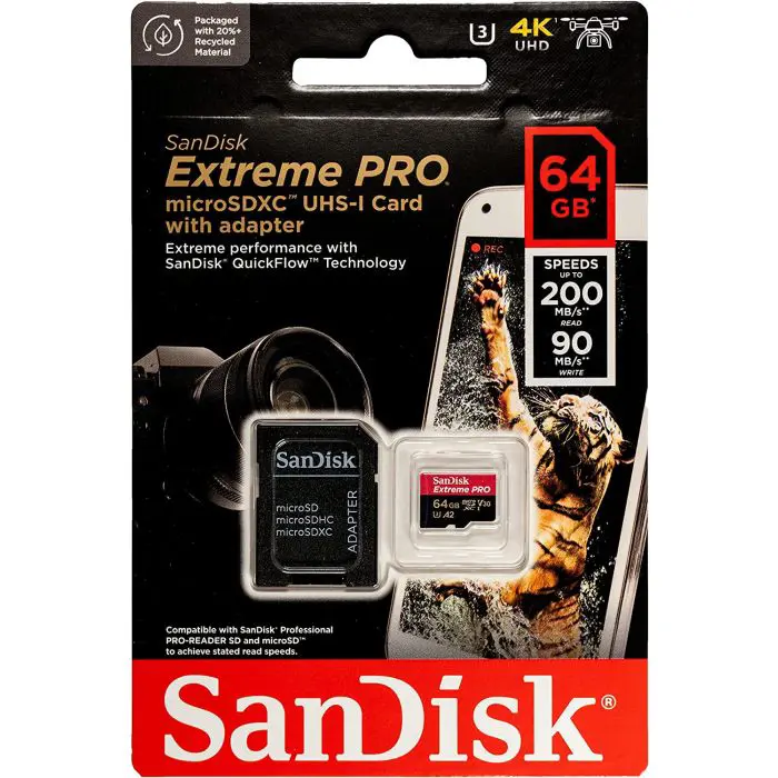 SanDisk Extreme PRO microSDXC 64GB + SD Adapter up to 200MB/s & 90MB/sA2 C10 V30 UHS-I U3