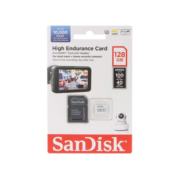 SanDisk High Endurance video microSDHC 128GB + SD Adapter Full HD / 4K video, up to 100/40 MB/s C10, U3, V30