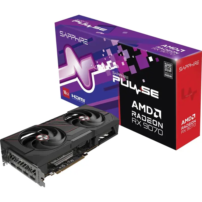 SAPPHIRE Radeon RX 9070 Pulse, graphics card black, RDNA4, GDDR6, 2x DisplayPort, 2x HDMI