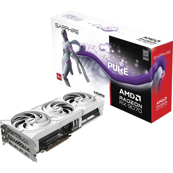 SAPPHIRE Radeon RX 9070 Pure OC, graphics card white, RDNA4, GDDR6, 2x DisplayPort, 2x HDMI