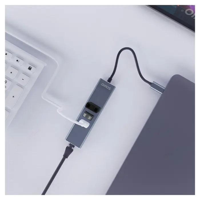Savio AK-57 USB-C - 3 x USB-A HUB with RJ-45 Gigabit Ethernet adapter, 5000 Mbit/s, grey