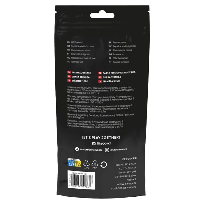 Savio TG-01 2G heat sink compound Thermal paste 4.7 W/m·K