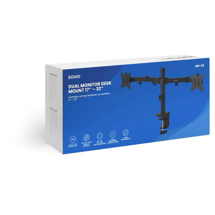 SAVIO UM-03 Dual Desk Mount for Monitors 17”–32”, 2× 2–9 kg