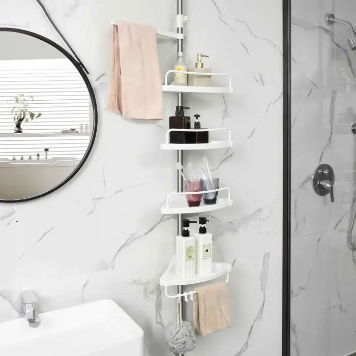 SONGMICS Corner Shelf with Shelves for Bathrooms, White Silver Color, 95-300 cm