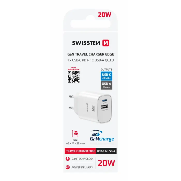 SWISSTEN punjač za AC220, EDGE, GaN 1xUSB-C PD 20W +1xUSB-A 18W QC Bijeli