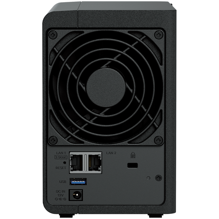 Synology DS225+, Tower, 2-bays 3.5 SATA HDD/SSD, CPU Inte Celeron J4125 4-core (4-thread) 2.0 GHz, burst up to 2.7 GHz, 2 GB DDR4 non-ECC (expandable up to 6 GB), 1xRJ-45 1GbE LAN, 1xRJ-45 2.5 GbE L