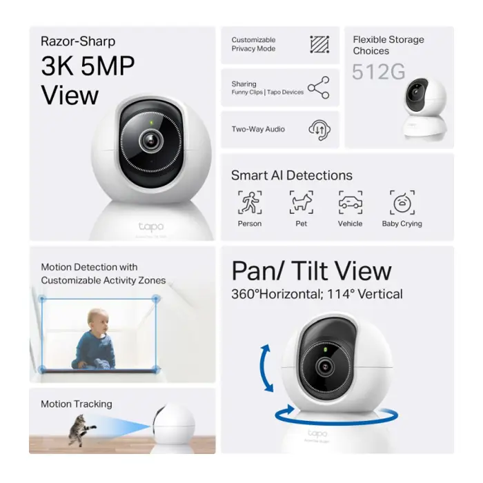 TP-Link Tapo C230 AI kamera 3K 5MP, H.264, 360°/114° Pan/Tilt, Advanced Night Vision, microSD, dvosmjerni audio, AI detekcija pokreta, Wi-Fi, Tapo app