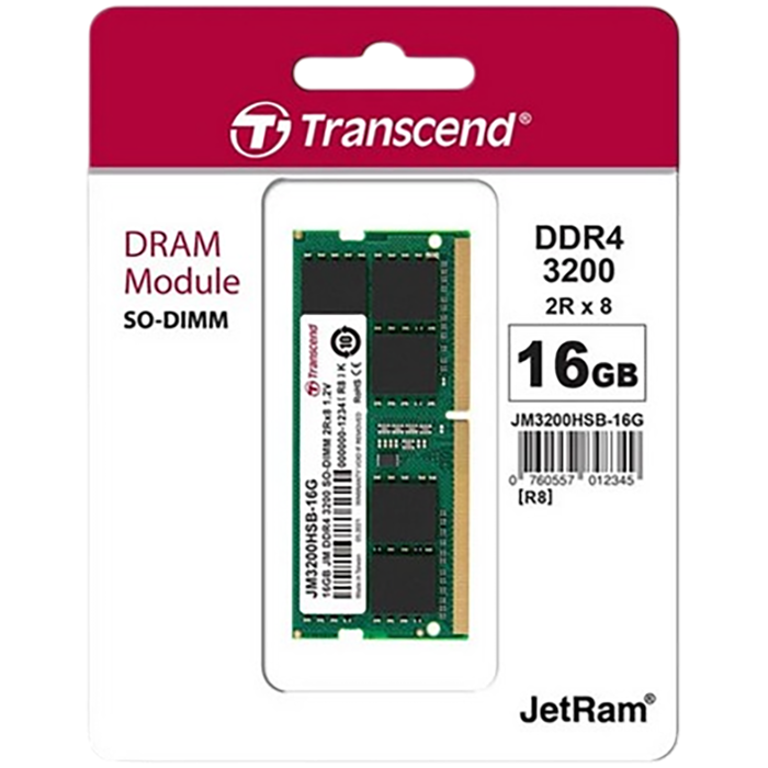TRANSCEND 16GB DDR4 3200MHz Unbuffered SODIMM JetRam 1Gx8
