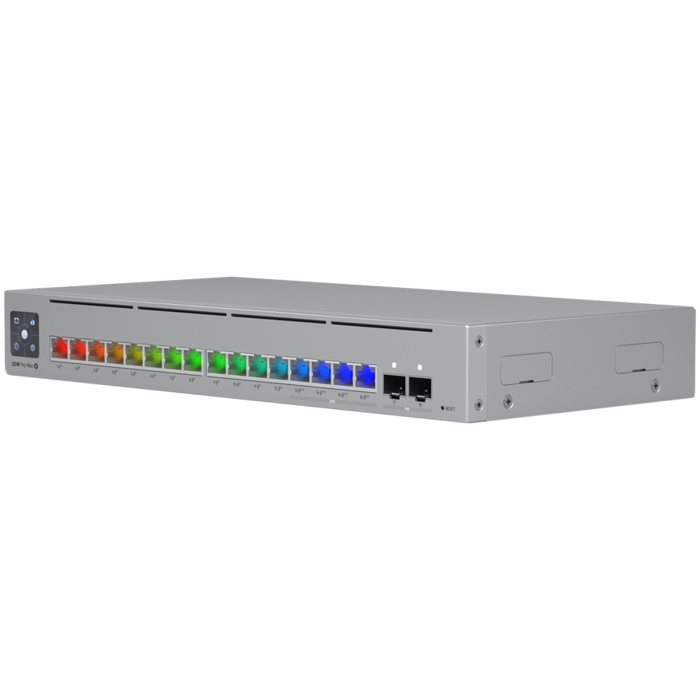 Ubiquiti 16-port, Layer 3 Etherlighting switch with 2.5 GbE, PoE++ output, and versatile mounting options, 4x 2.5 GbE PoE++ ports, 12x GbE PoE+ ports, 2x 10G SFP+ ports, 180W total PoE availability