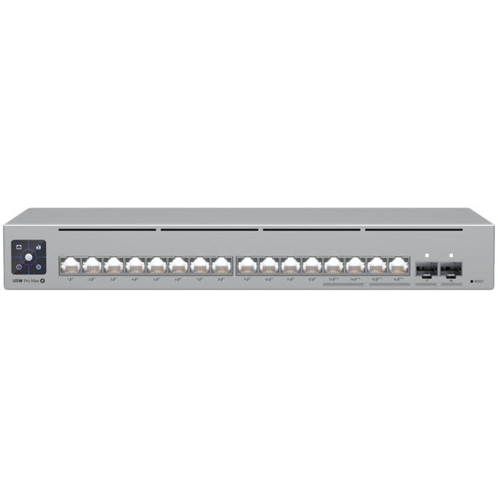 Ubiquiti 16-port, Layer 3 Etherlighting switch with 2.5 GbE, PoE++ output, and versatile mounting options, 4x 2.5 GbE PoE++ ports, 12x GbE PoE+ ports, 2x 10G SFP+ ports, 180W total PoE availability