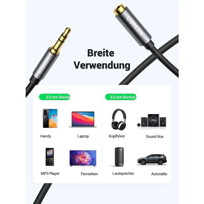 UGREEN Aux extension 3.5mm headphone extension compatible with headphones, computers, mobile phones, speakers, etc. (1m)
