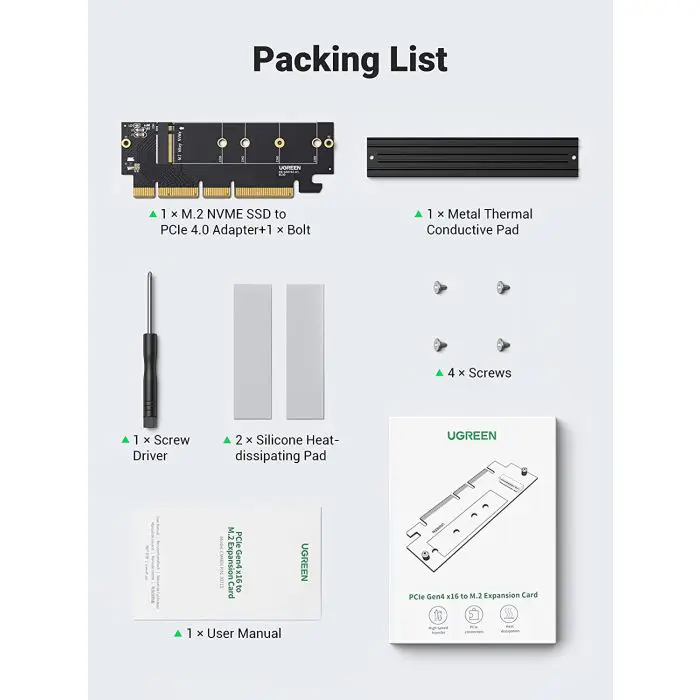 Ugreen M.2 PCIe NVME M-Key to PCIe 4.0 x16 adapter with cooler - box
